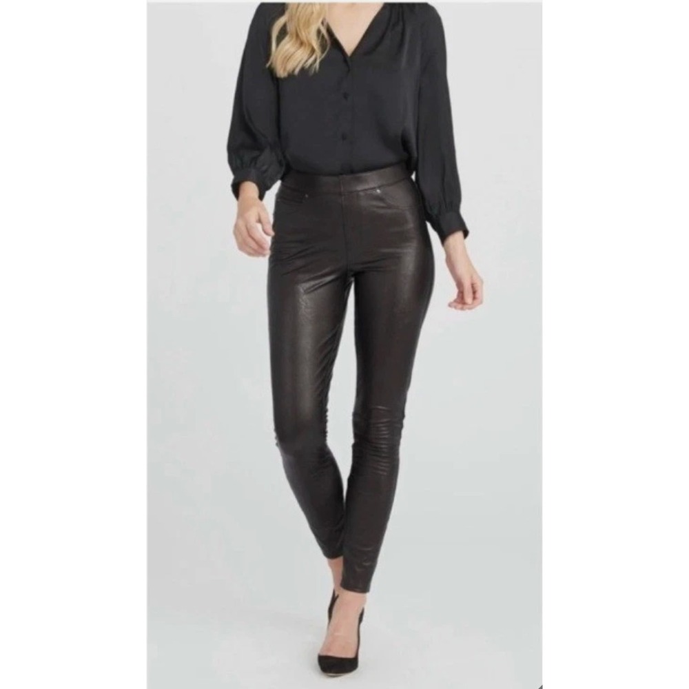 Spanx Faux Leather Ankle Skinny Pant Womens Large Brown Stretch Pull‎ On
